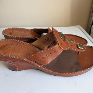 Clarks Tan Leather Studded Wedge Sandals